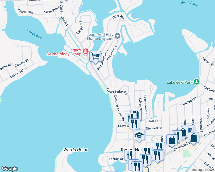 map of restaurants, bars, coffee shops, grocery stores, and more near 1671 Cass Lake Road in Keego Harbor