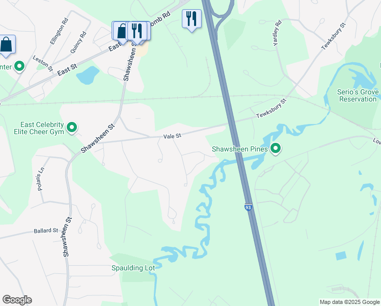 map of restaurants, bars, coffee shops, grocery stores, and more near 14 Ellis Avenue in Tewksbury