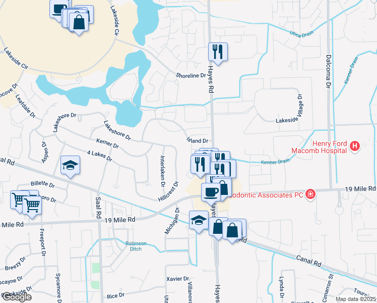 map of restaurants, bars, coffee shops, grocery stores, and more near 43435 Cape Drive in Sterling Heights