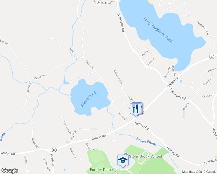 map of restaurants, bars, coffee shops, grocery stores, and more near 37 Keyes Road in Westford
