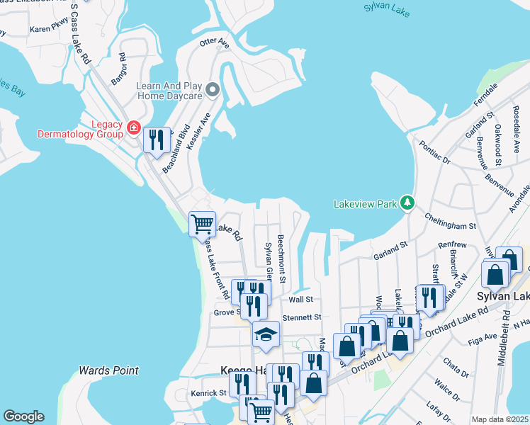 map of restaurants, bars, coffee shops, grocery stores, and more near 1645 Sylvan Glen in Keego Harbor