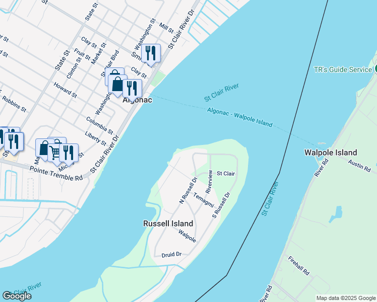 map of restaurants, bars, coffee shops, grocery stores, and more near 192 North Russell Drive in Algonac