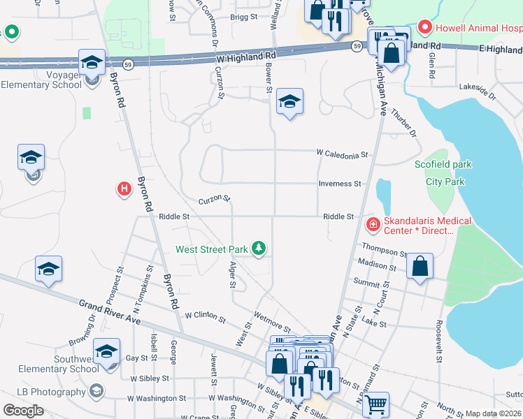 map of restaurants, bars, coffee shops, grocery stores, and more near 420 Riddle Street in Howell