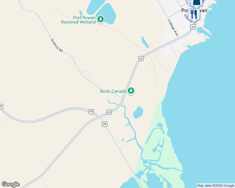 map of restaurants, bars, coffee shops, grocery stores, and more near 4 Dedrick Road in Port Rowan