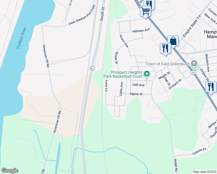 map of restaurants, bars, coffee shops, grocery stores, and more near 65 Lona Lane in Rensselaer