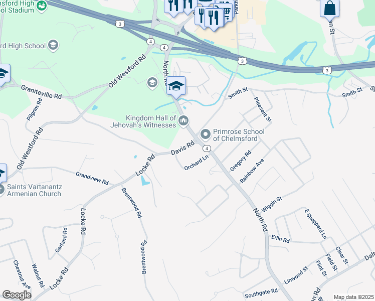 map of restaurants, bars, coffee shops, grocery stores, and more near 8 Davis Road in Chelmsford