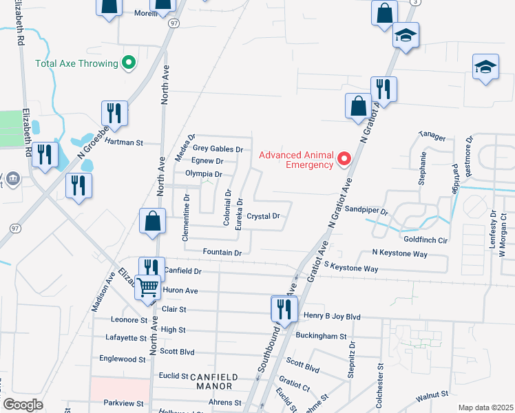 map of restaurants, bars, coffee shops, grocery stores, and more near 23414 Stone Castle Drive in Clinton Township