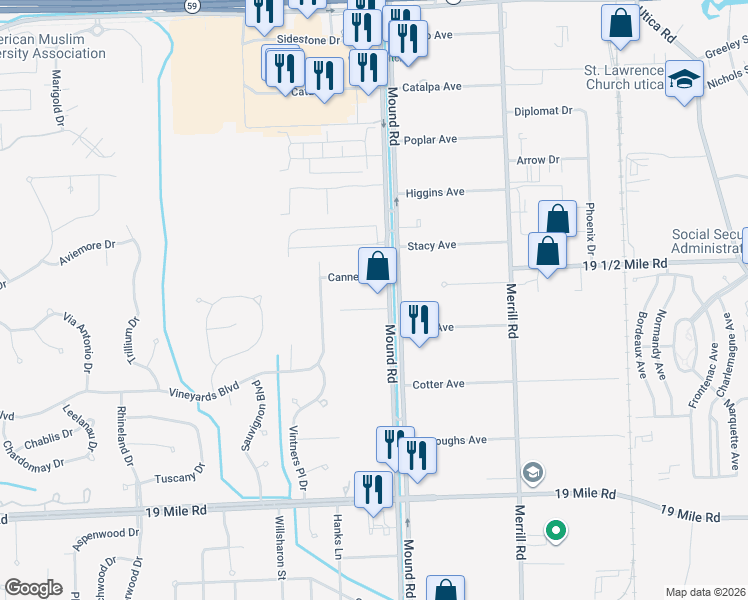 map of restaurants, bars, coffee shops, grocery stores, and more near 43763 Mound Road in Sterling Heights