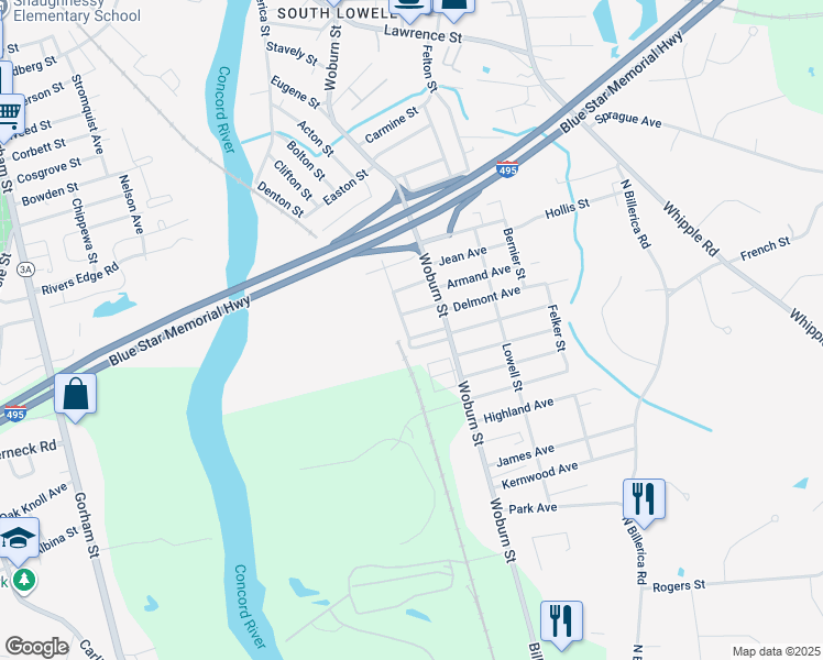 map of restaurants, bars, coffee shops, grocery stores, and more near 94 Rumford Street in Lowell