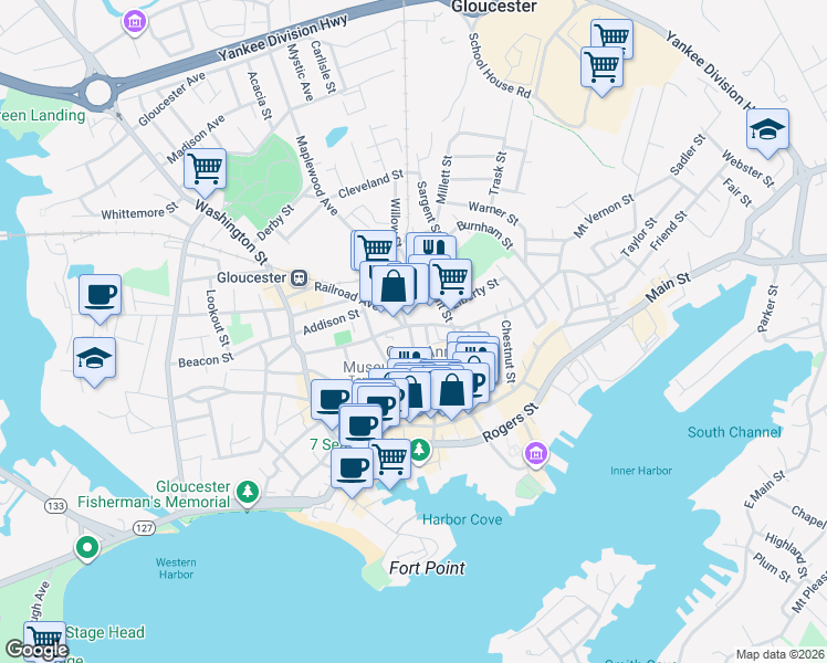 map of restaurants, bars, coffee shops, grocery stores, and more near 22 Dale Avenue in Gloucester