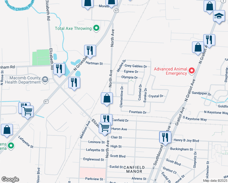 map of restaurants, bars, coffee shops, grocery stores, and more near 23013 Arethusa Drive in Clinton Township