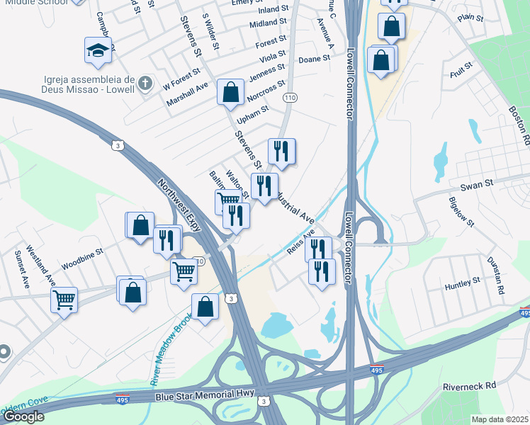 map of restaurants, bars, coffee shops, grocery stores, and more near 900 Chelmsford Street in Lowell