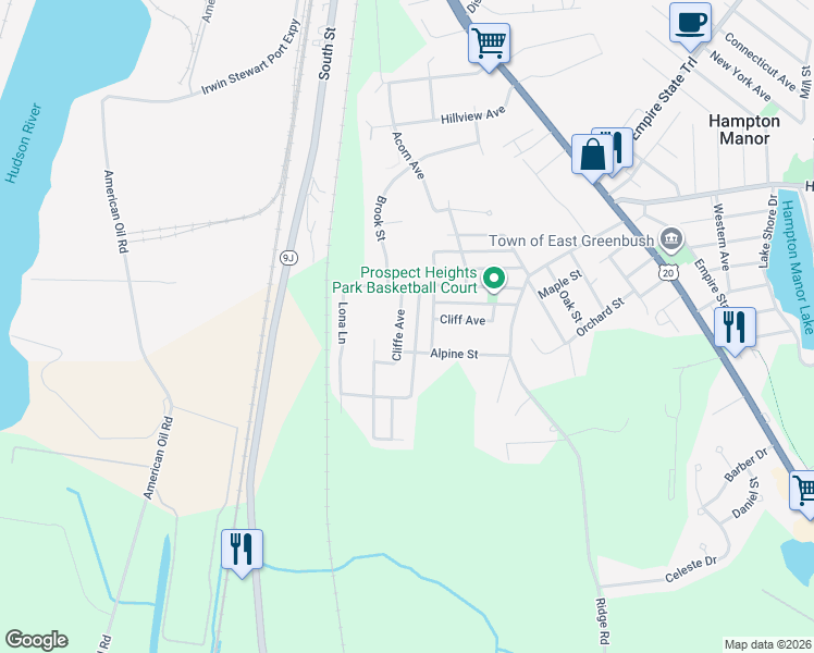 map of restaurants, bars, coffee shops, grocery stores, and more near 14 Moulds Avenue in Rensselaer