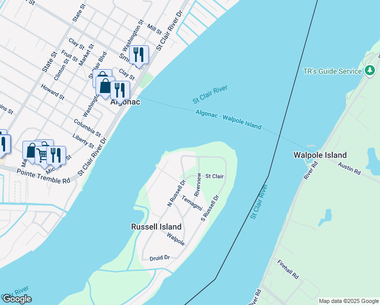map of restaurants, bars, coffee shops, grocery stores, and more near 160 North Russell Drive in Harsens Island