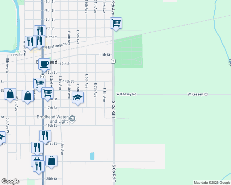 map of restaurants, bars, coffee shops, grocery stores, and more near 18534 West Keesey Road in Brodhead