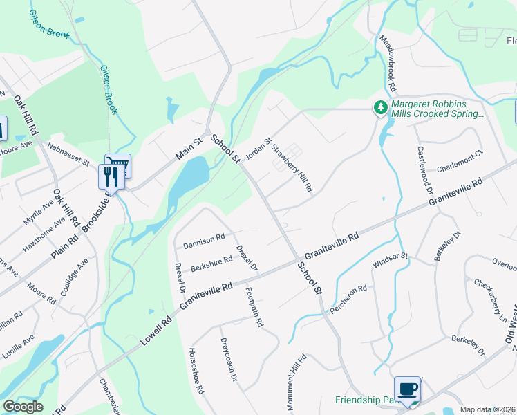 map of restaurants, bars, coffee shops, grocery stores, and more near 33 School Street in Chelmsford