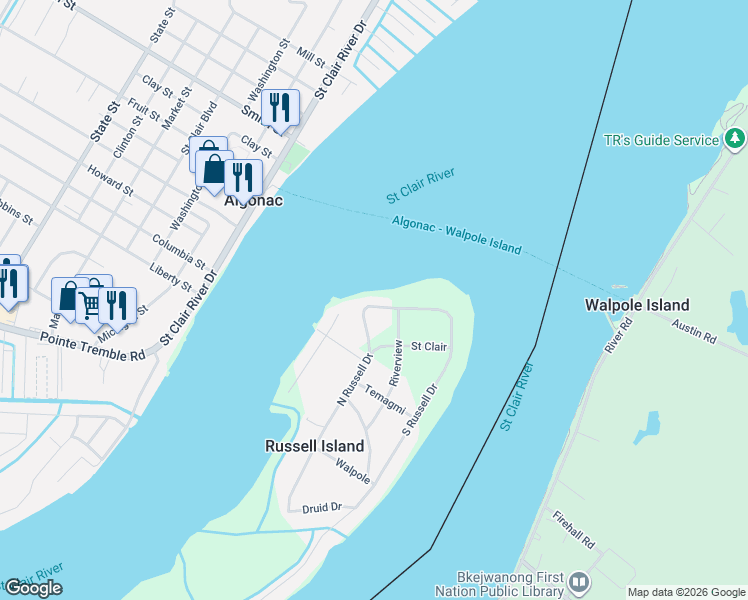 map of restaurants, bars, coffee shops, grocery stores, and more near 160 North Russell Drive in Clay Township
