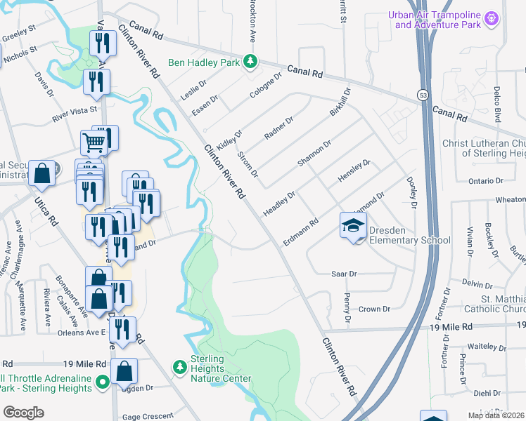 map of restaurants, bars, coffee shops, grocery stores, and more near 8640 Headley Drive in Sterling Heights