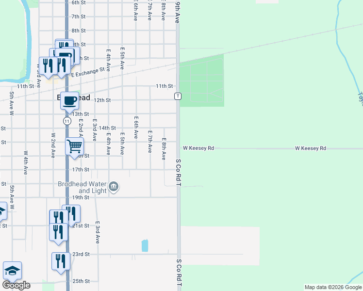 map of restaurants, bars, coffee shops, grocery stores, and more near 18534 West Keesey Road in Brodhead