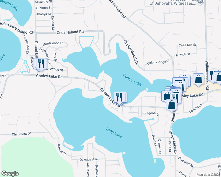 map of restaurants, bars, coffee shops, grocery stores, and more near 8786 Charbane Street in White Lake charter Township