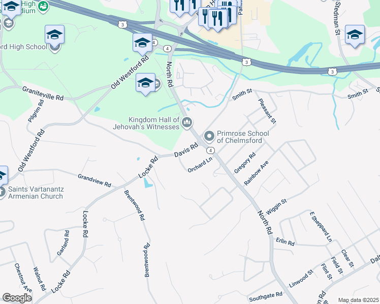 map of restaurants, bars, coffee shops, grocery stores, and more near 8 Davis Road in Chelmsford