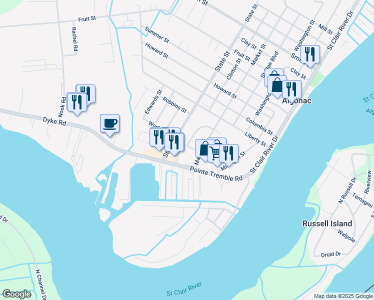 map of restaurants, bars, coffee shops, grocery stores, and more near 775 Worfolk Drive in Algonac