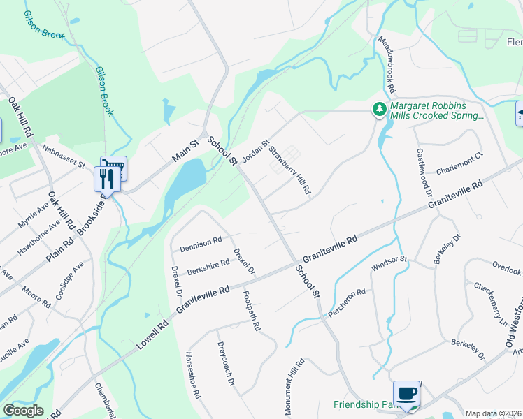 map of restaurants, bars, coffee shops, grocery stores, and more near 33 School Street in Chelmsford