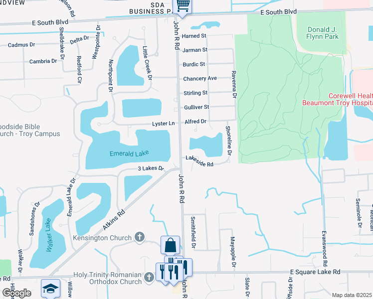 map of restaurants, bars, coffee shops, grocery stores, and more near 6460 John R Road in Troy