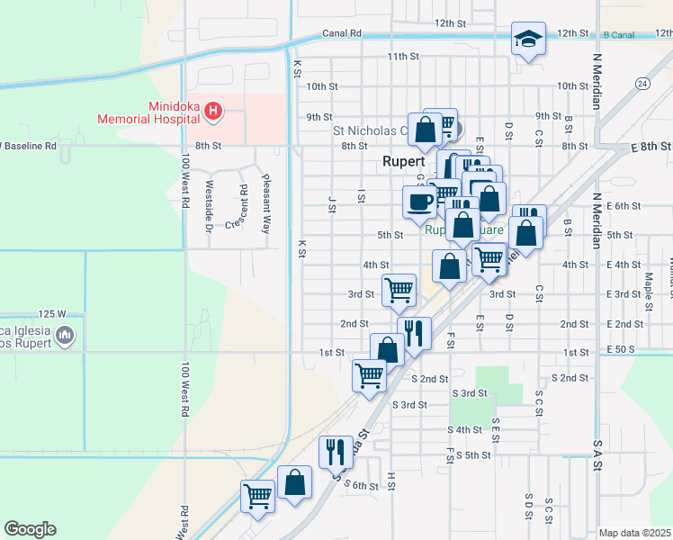 map of restaurants, bars, coffee shops, grocery stores, and more near 925 4th Street in Rupert