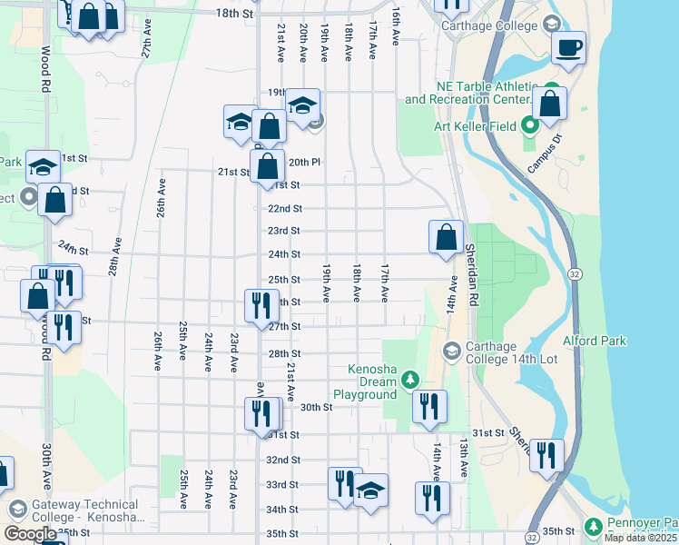 map of restaurants, bars, coffee shops, grocery stores, and more near 1831 25th Street in Kenosha