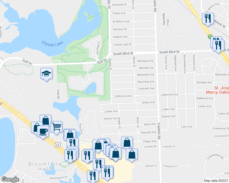map of restaurants, bars, coffee shops, grocery stores, and more near 597 Colorado Avenue in Pontiac