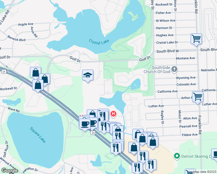 map of restaurants, bars, coffee shops, grocery stores, and more near 1957 South Telegraph Road in Bloomfield Hills