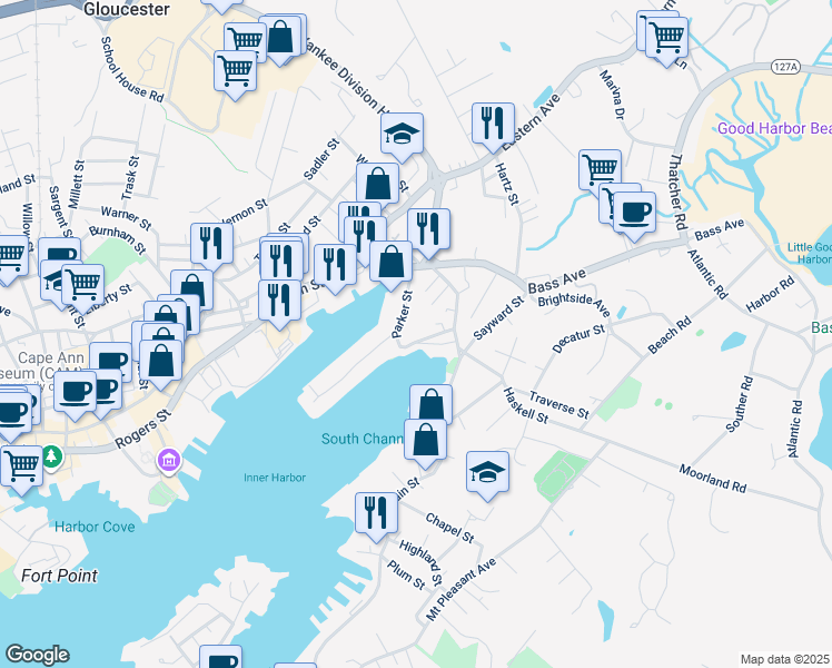 map of restaurants, bars, coffee shops, grocery stores, and more near 48 Parker Street in Gloucester