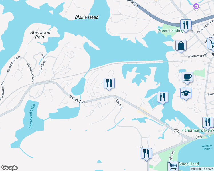 map of restaurants, bars, coffee shops, grocery stores, and more near 141 Essex Avenue in Gloucester