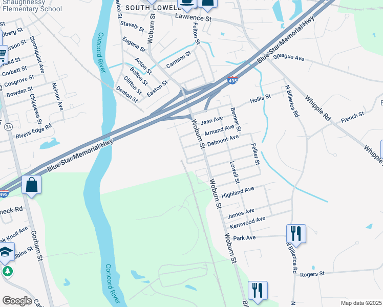 map of restaurants, bars, coffee shops, grocery stores, and more near 94 Rumford Street in Lowell