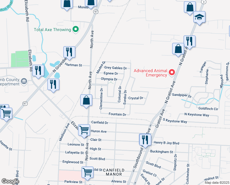 map of restaurants, bars, coffee shops, grocery stores, and more near 43453 Park Drive East in Clinton Township