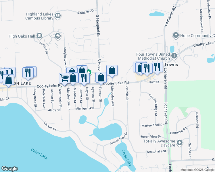 map of restaurants, bars, coffee shops, grocery stores, and more near 1535 Tamson Street in West Bloomfield Township