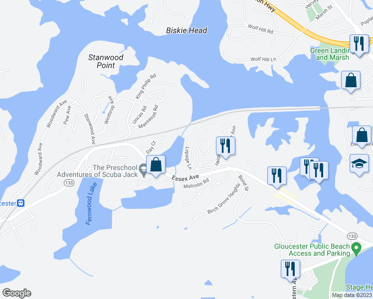 map of restaurants, bars, coffee shops, grocery stores, and more near 950 Heights at Cape Ann in Gloucester