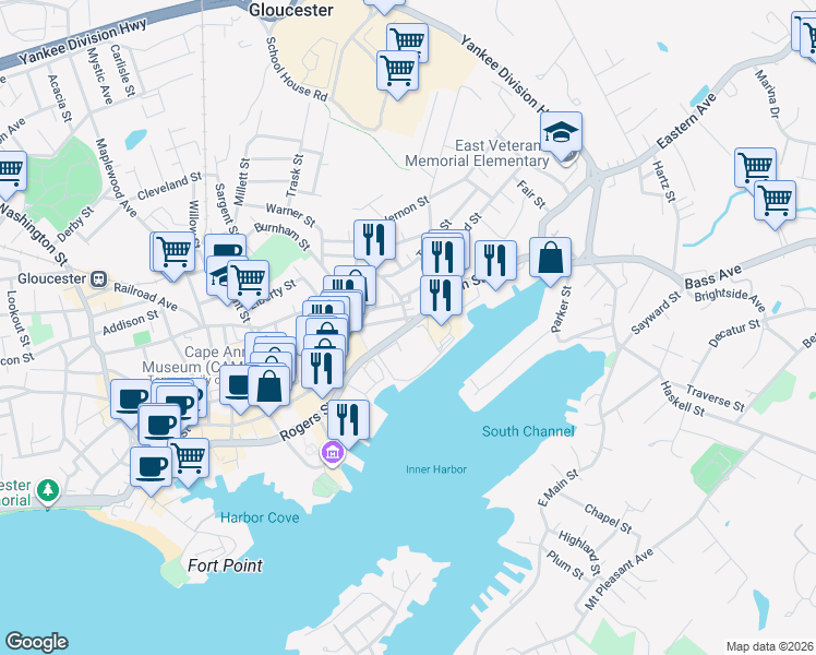 map of restaurants, bars, coffee shops, grocery stores, and more near 1 Prospect Street in Gloucester