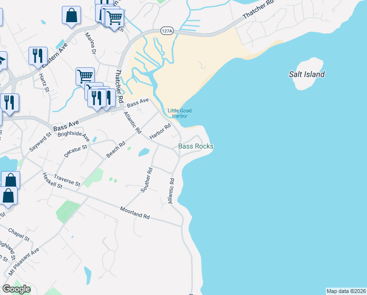 map of restaurants, bars, coffee shops, grocery stores, and more near 7 Bass Rocks Road in Gloucester