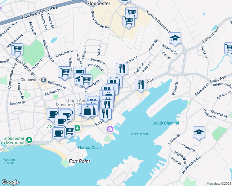 map of restaurants, bars, coffee shops, grocery stores, and more near 260 Main Street in Gloucester