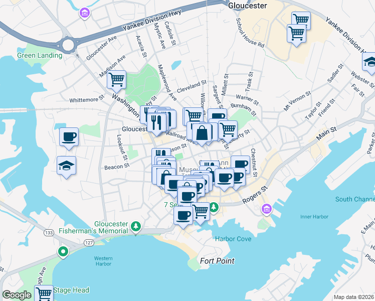map of restaurants, bars, coffee shops, grocery stores, and more near 24 Prospect Street in Gloucester
