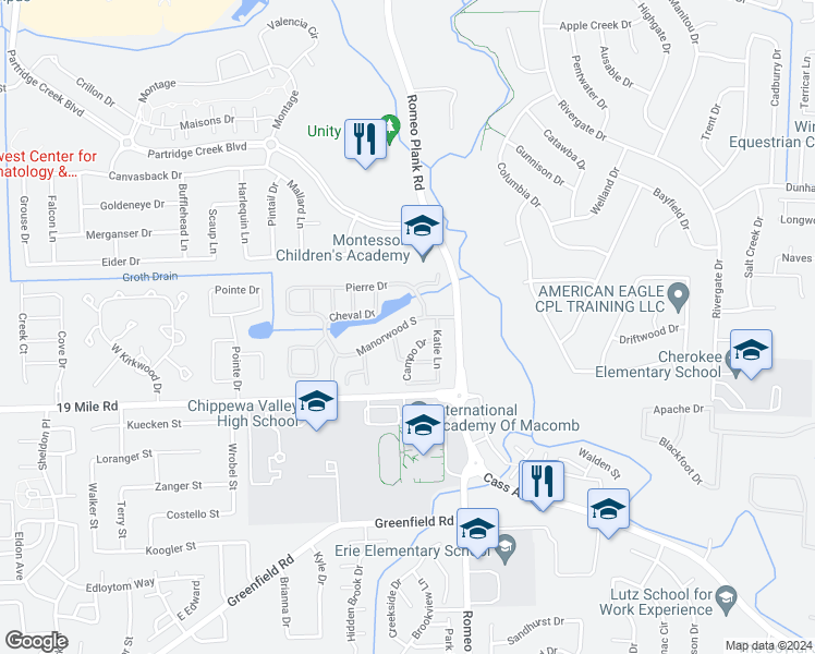map of restaurants, bars, coffee shops, grocery stores, and more near 18503 Campo Drive in Clinton Township