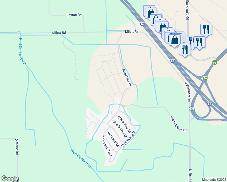 map of restaurants, bars, coffee shops, grocery stores, and more near 4472 Wynnwood Drive in Howell