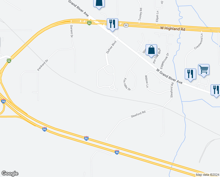 map of restaurants, bars, coffee shops, grocery stores, and more near Shiawassee Circle in Howell