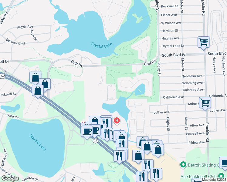 map of restaurants, bars, coffee shops, grocery stores, and more near 1957 South Telegraph Road in Bloomfield Hills