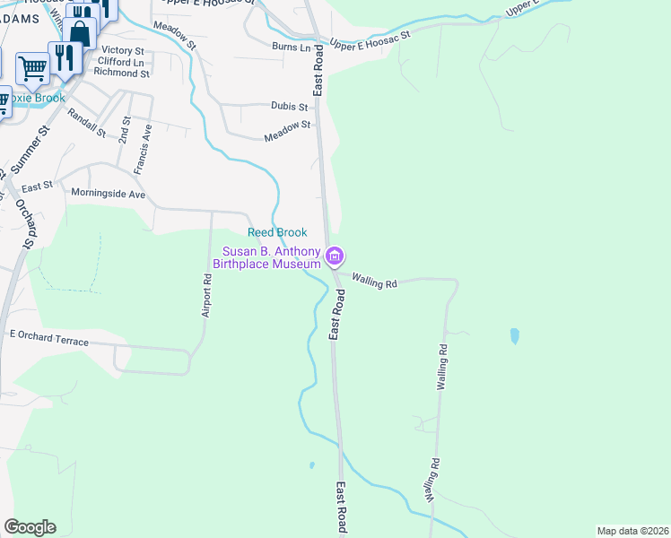 map of restaurants, bars, coffee shops, grocery stores, and more near 67 East Road in Adams