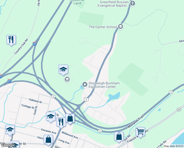 map of restaurants, bars, coffee shops, grocery stores, and more near 602 Bernardston Road in Greenfield