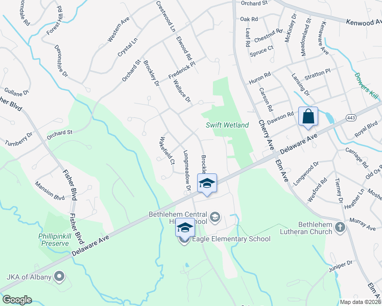 map of restaurants, bars, coffee shops, grocery stores, and more near 22 Brockley Drive in Delmar