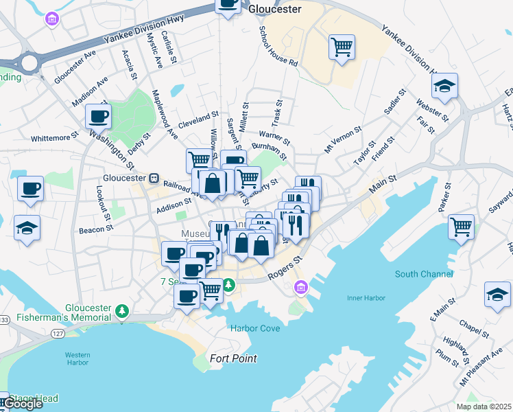 map of restaurants, bars, coffee shops, grocery stores, and more near 47 Pleasant Street in Gloucester
